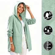 Light Packable Rain Jacket Women Waterproof, Hooded Windbreaker Raincoat With Functional Pockets For All Outdoor Activities Green XL