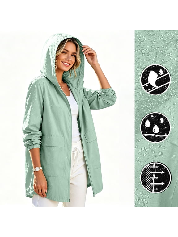 Light Packable Rain Jacket Women Waterproof, Hooded Windbreaker Raincoat With Functional Pockets For All Outdoor Activities Green XXL