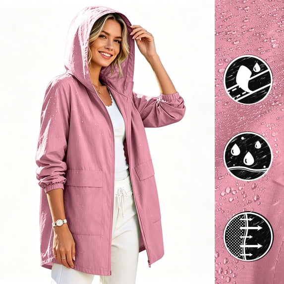Light Packable Rain Jacket Women Waterproof, Hooded Windbreaker Raincoat With Functional Pockets For All Outdoor Activities Pink M