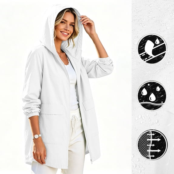 Light Packable Rain Jacket Women Waterproof, Hooded Windbreaker Raincoat With Functional Pockets For All Outdoor Activities White XXXL