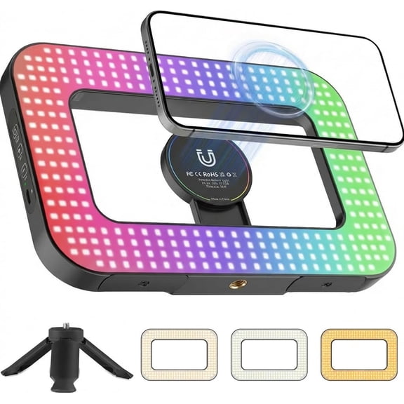 Light for Phone, Magnetic Selfie Light with Tripod Stand, Rechargeable RGB Video Light, 10 Brightness Levels & 3 Cold Shoes for Recording, , Influencers, Makeup