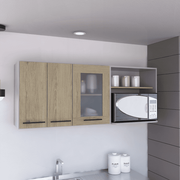 Light Pine Double-Door Glass Wall Cabinet - Kitchen & Dining Storage Solution