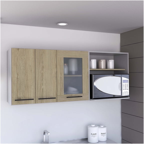 Light Pine Wall Cabinet with Glass Doors, Freestanding or Wall-Mounted Display Rack for Kitchen Dining Room Storage