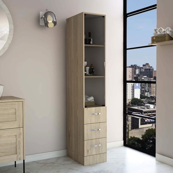 Light Pine/White Linen Cabinet with Three Shelves and Four Drawers | Ideal for Tight Bathroom Spaces to Add Storage | Enjoy Easy Assembly and a Modern Look