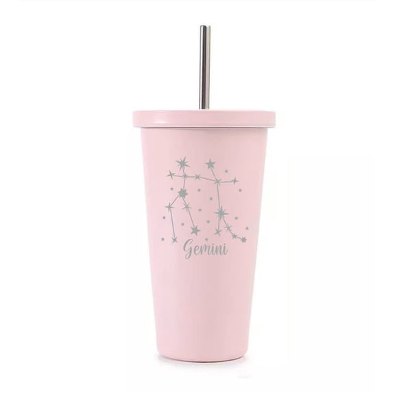 Light Pink 16 oz Stainless Steel Double Wall Insulated Tumbler Pool Beach Cup Travel Mug With Straw Star Zodiac Horoscope Constellation (Gemini)
