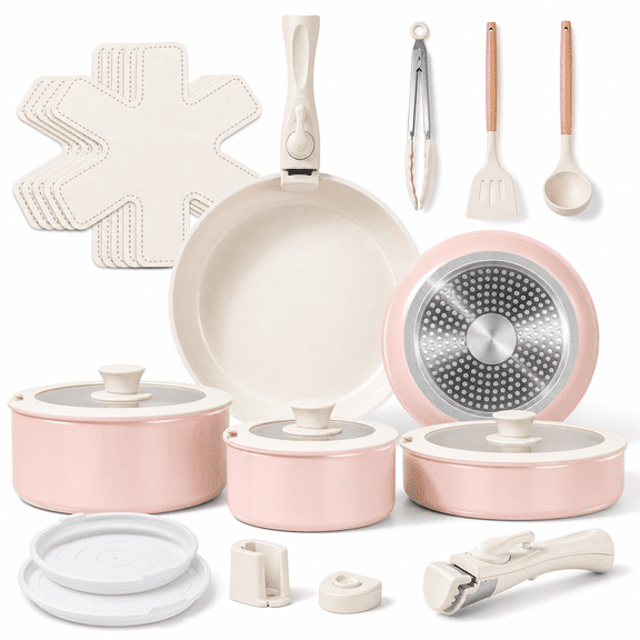 Light Pink 19 Piece Ceramic Nonstick Cookware Set With Detachable Handle