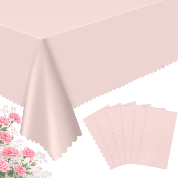 Light Pink 6 Pack Plastic Rectangle Tablecloths, Disposable Scalloped Party Covers