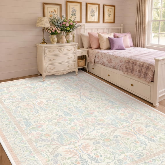 Pink Rug Room Light Pink 6x9 Girl Bedroom Rug Low Pile & Soft Botanical Flwashable ...