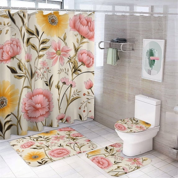 Light Pink And Amber Flowers 4 Piece Bathroom Rug Set with Shower Curtain with Non-Slip Rugs Toilet Lid Cover And Bath Mat Wild Flowers Botanical Summer Floral Durable and Waterproof