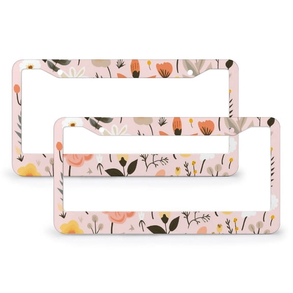 Light Pink And Amber Flowers License Plate Frame 2 PCS Colorful Floral Licenses Plates Frames Front Licenses Plate Covers Car Tag Frame Car Accessories Aluminum Metal License Plate Cover