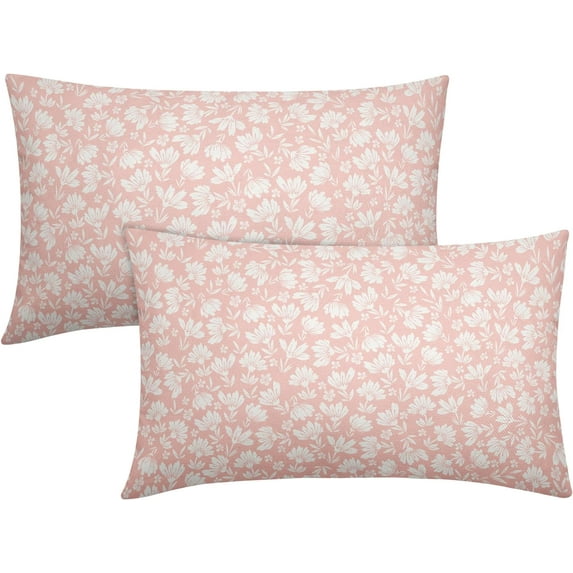 Light Pink Beige Daisy Floral Lumbar Pillow Covers 12X20 Inch Vintage Flowers Pillow Cases Set of 2 Block Print Linen Throw Pillows Farmhouse Decor For Sofa Couch Porch Bed Cushion Outdoor