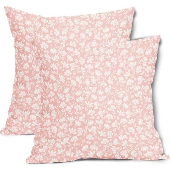 Light Pink Beige Daisy Floral Pillow Covers 18X18 Inch Vintage Flowers Decorative Pillow Cases Set of 2 Block Print Cotton Linen Throw Pillows Farmhouse Decor for Sofa Couch Porch Bed Cushion Outdoor