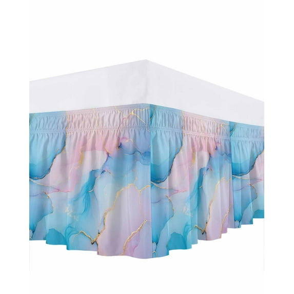 Light Pink Blue Marble Bed Skirt Queen Size 16" Drop Modern Art Abstract Gold Texture Ombre Ruffled Wrap Around Bed Skirts Adjustable Elastic Bedskirt Dust Ruffle for Queen Size Bed