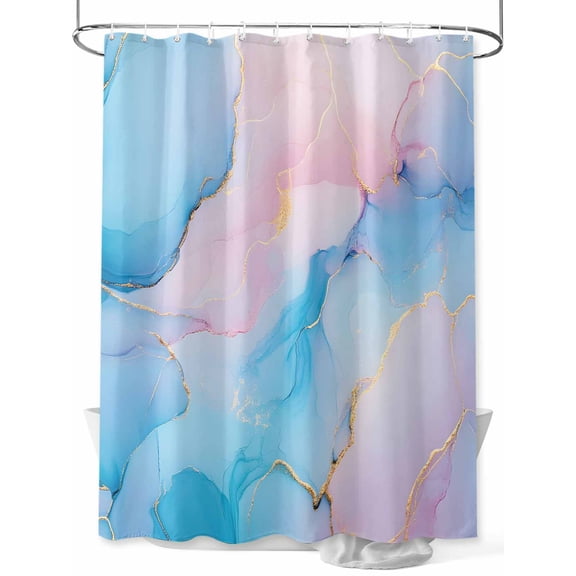 Light Pink Blue Marble Shower Curtain, Modern Art Abstract Gold Texture Ombre Waterproof Shower Curtain Set with 12 Hooks Lightweight Washable Fabric Shower Curtains for Bathroom 36x72 Inches