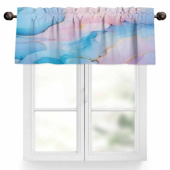 Light Pink Blue Marble Valances for Windows, 60 x 18in, Modern Art Abstract Gold Texture Ombre Rod Pocket Kitchen Valance Curtain Light Filtering Window Treatments for Living Room Bedroom, 1 Panel
