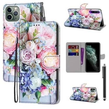 Light Pink Bouquet Pattern Magnetic Closure PU Leather Flip Cover with Card Holder and Kickstand Protective Wallet Phone Case For iPhone 16 16Pro 16Plus 16ProMax 15 14 13 12 11 XR With Stylus Pen