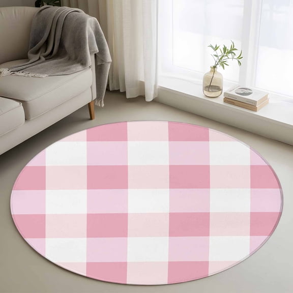 Light Pink Buffalo Check 3ft Round Rug, Farmhouse Plaid Modern Geometric Non-Skid Rubber Backing Large Area Rugs - Living Room Bedroom Home Office, Indoor Floor Mat Carpets Washable Rug
