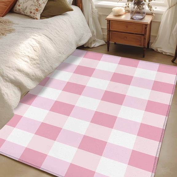 Light Pink Buffalo Check 3x5 Area Rugs, Farmhouse Plaid Modern Geometric Non-Skid Rubber Backing Large Rectangle Rugs - Living Room Bedroom Home Office, Indoor Floor Mat Carpets Washable Rug