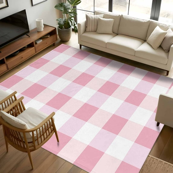 Light Pink Buffalo Check 6x9 Area Rugs, Farmhouse Plaid Modern Geometric Non-Skid Rubber Backing Large Rectangle Rugs - Living Room Bedroom Home Office, Indoor Floor Mat Carpets Washable Rug