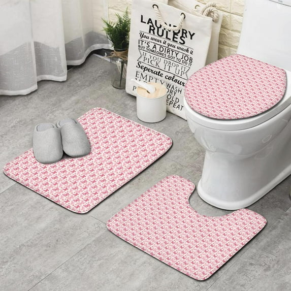 Light Pink Butterfly Pattern Bathroom Rugs Sets 3 Piece,Toilet Cover Set,Absorbent Non Slip Bathroom Mats Sets with U-Shaped Contour Rug Toilet Rug Set