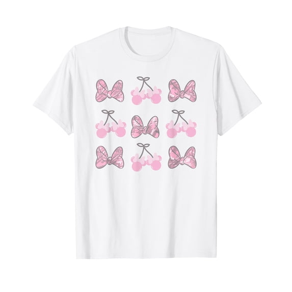 Light Pink Camo Retro Bow Grid T-Shirt with Playful Butterflies and Cherries