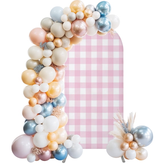 Light Pink Checks Arch Backdrop Cover 4 FT Gingham Plaid Abstract Modern Minimalist Stretchy Elastic Arch Stand Covers Spandex Arched Background Birthday Wedding Party Decoration (No Stand)