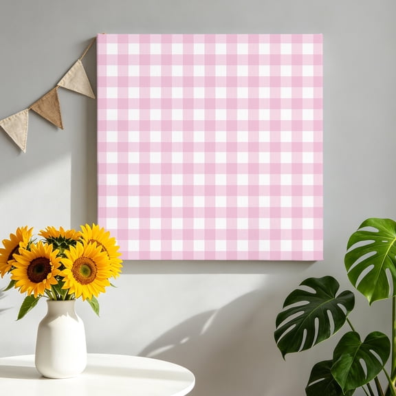 Light Pink Checks Canvas Wall Art, Gingham Plaid Abstract Modern Minimalist Framed Canvas Wall Decor Picture Print Artwork Decorations for Living Room Office Ready to Hang 8" x 8"