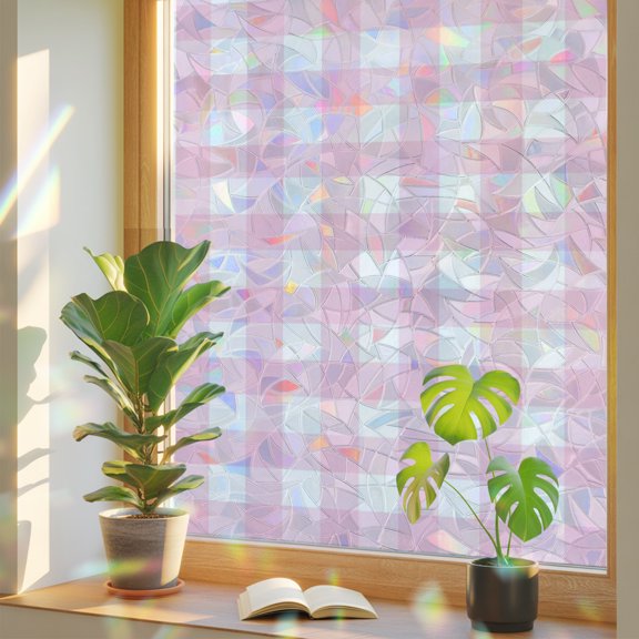 Light Pink Checks Window Privacy Film, Gingham Plaid Abstract Modern Minimalist Stained Glass Rainbow Film Decorative Window Clings, Static Cling Sun Blocking Stickers 23.6" x 59"