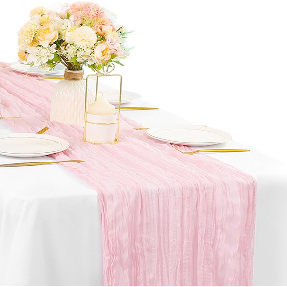 Light Pink Cheesecloth Table Runner 10FT Runner for Tables Gauze Fabric 35 x 120 Inches Long Boho Table Runner Decoration Rustic Sheer Runner for Wedding Birthday Baby Shower Party (Light Pink)