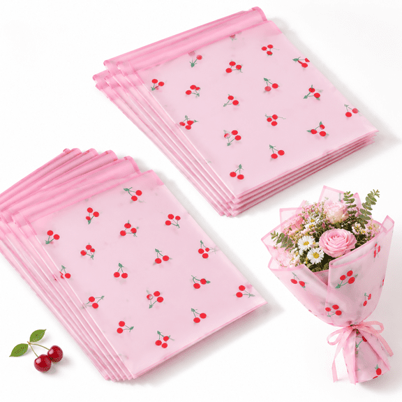 Light Pink Cherry Floral Wrapping Paper, 20 Sheets, 22 Inch Waterproof Bouquet Wrap