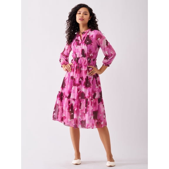 Light Pink Chiffon Swiss Dot V-Neck Dress