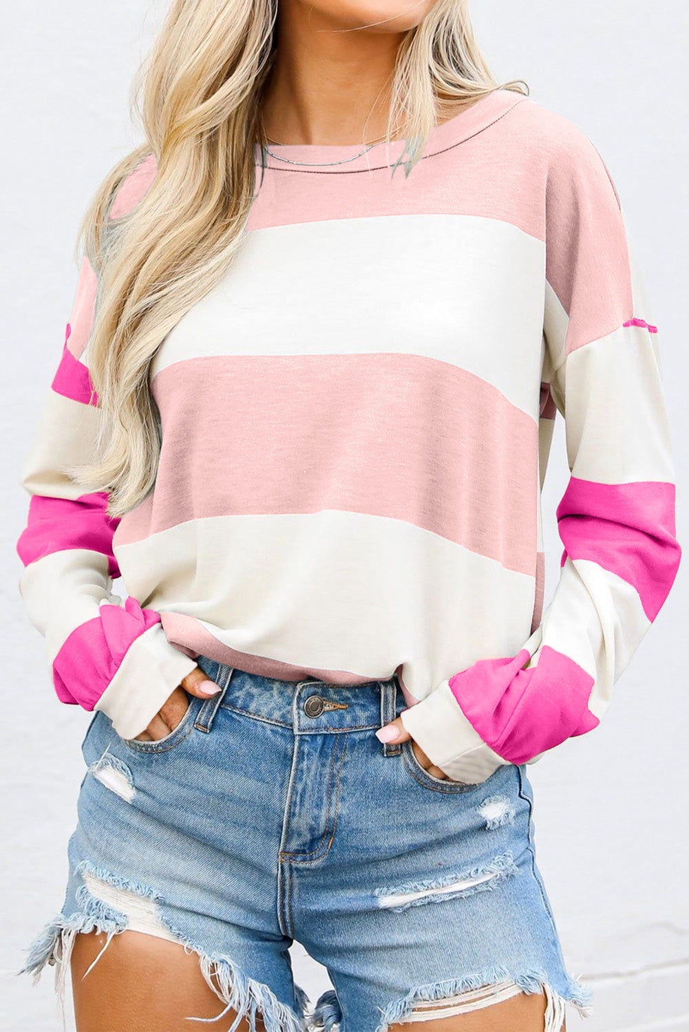 Light Pink Colorblock Striped Drop Shoulder Long Sleeve Top - Walmart.com
