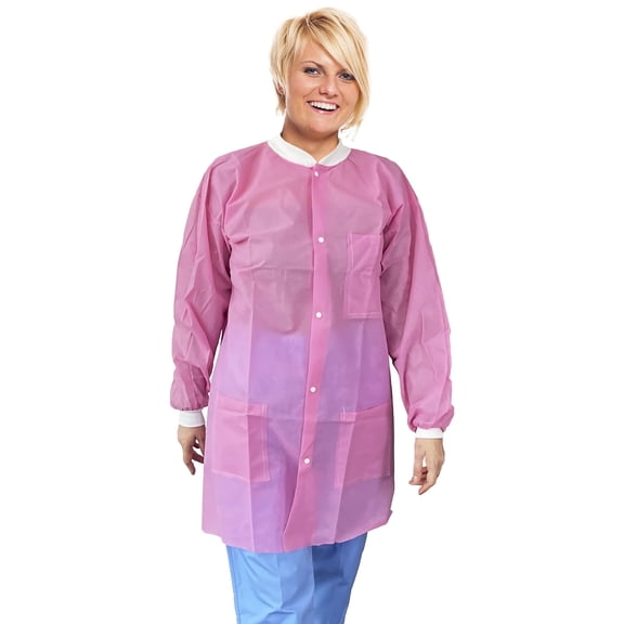 Light Pink Polypropylene Disposable Lab Coat, X-Large, Snap Front, 3 Pockets, 50 count