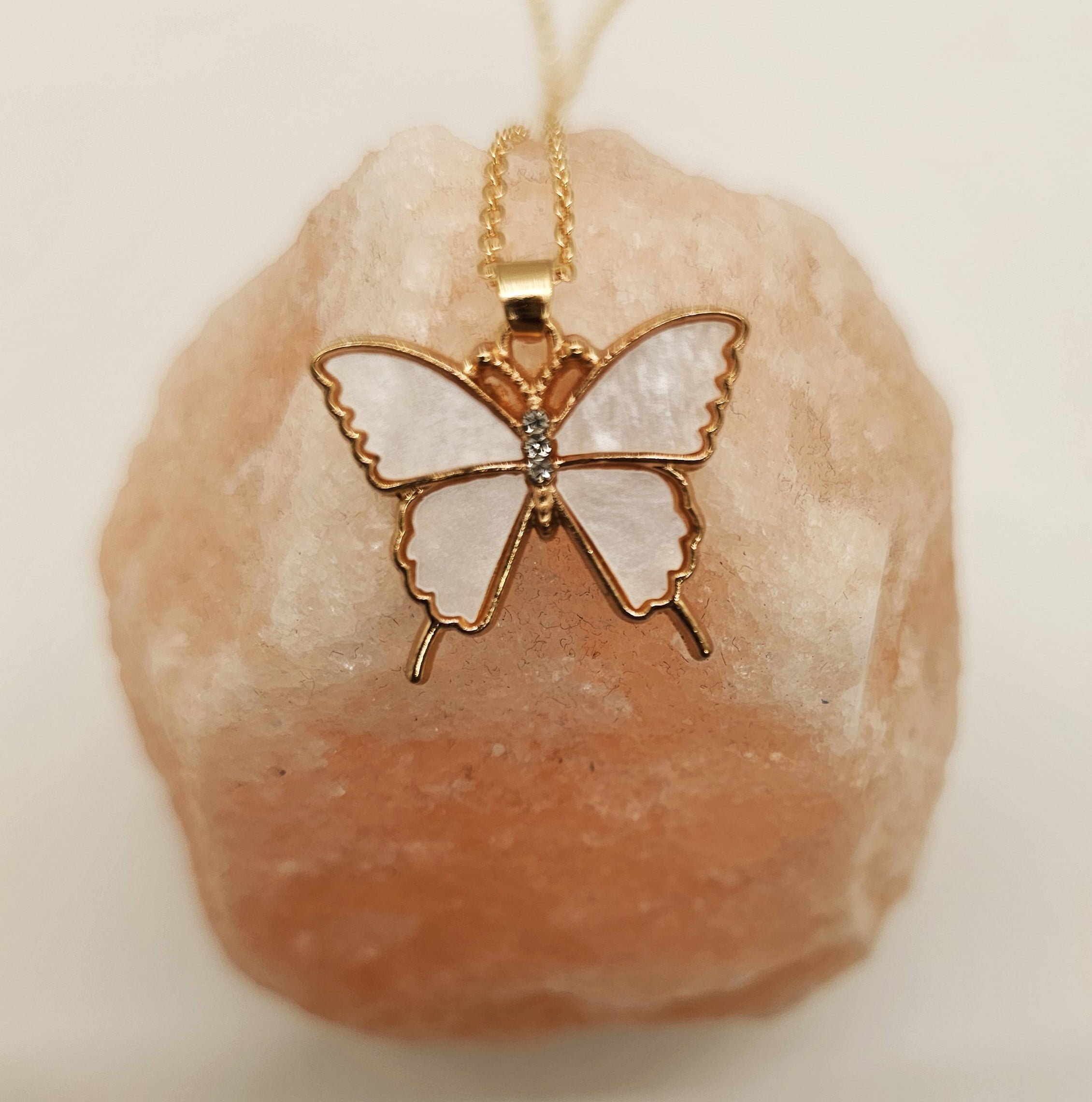 Light Pink Enamel Butterfly Necklace, Gold Tone