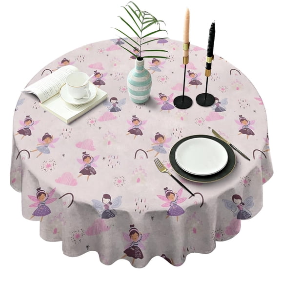 Light Pink Fairy Pattern Round Tablecloth 60"x60",Wrinkle Wipeable Table Cloth for Kitchen Dining Room Picnic Patio Party