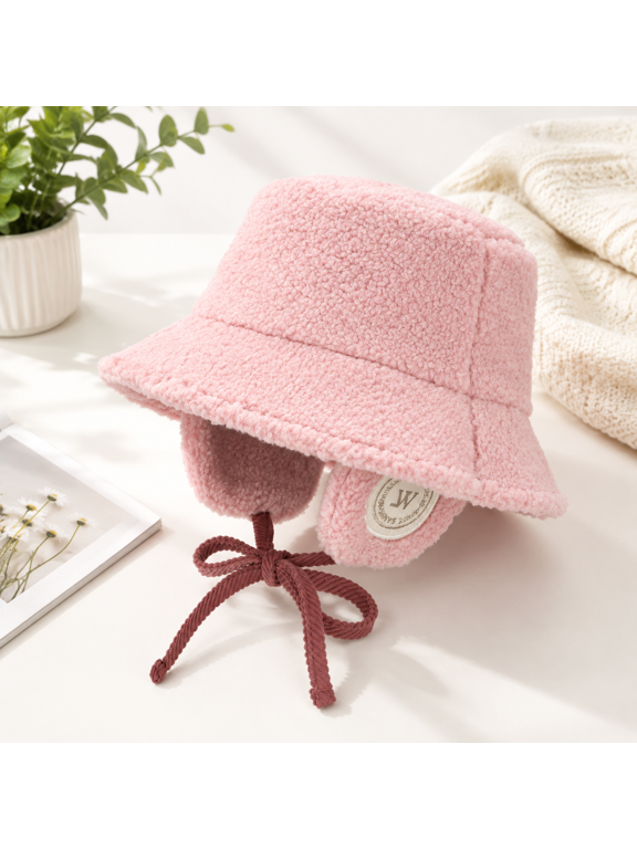 Light Pink Fleece Earmuff Bucket Hat Winter Warm Ear Protection for Men and Women