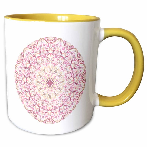 3drose, Light Pink Floral Mandala Disc - Abstract Bohemian Design, 11oz Two-tone Yellow Mug