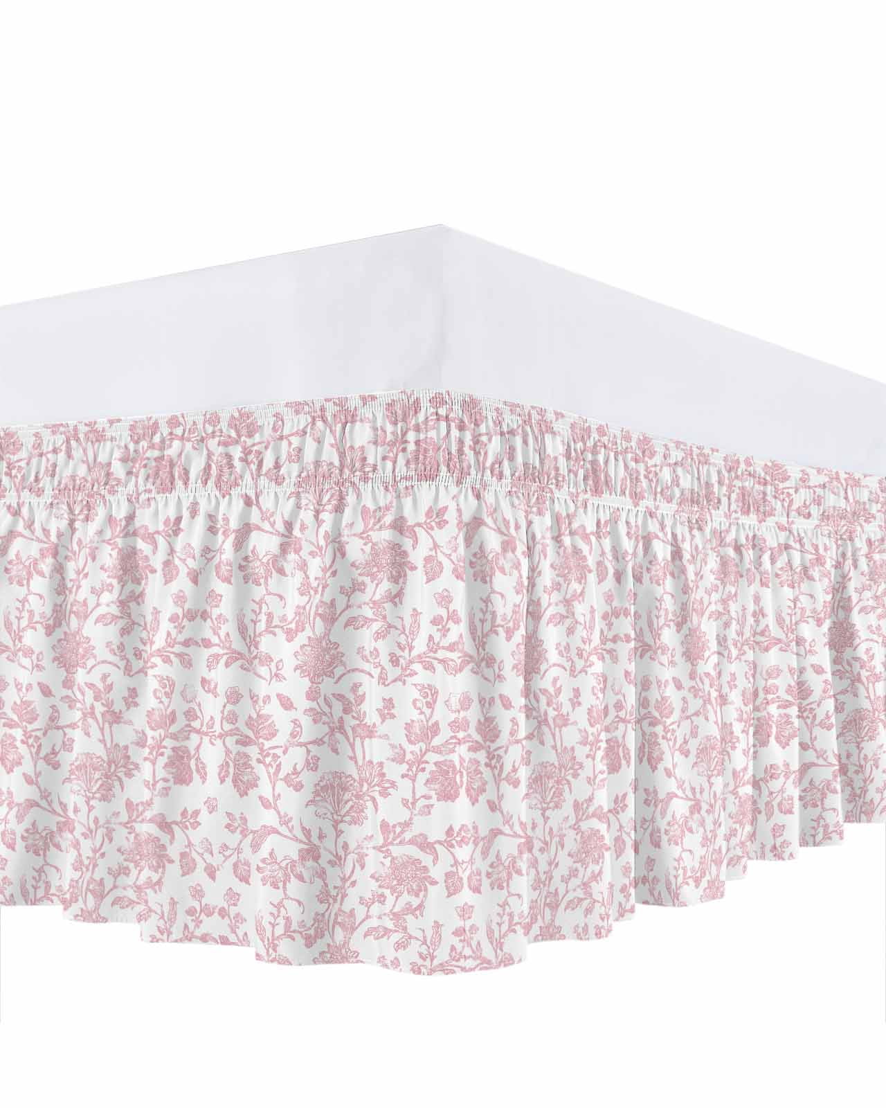Light Pink Floral Paisley Bed Skirt Queen Size 16" Drop Boho Leaf Vintage Farmhouse Linen Ruffled Wrap Around Bed Skirts Adjustable Elastic Bedskirt Dust Ruffle for Queen Size Bed