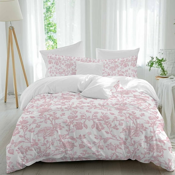 Light Pink Floral Paisley Duvet Cover Set Queen Size, Boho Leaf Vintage Farmhouse Linen 4 Piece Soft Microfiber Bedding Set with 1 Duvet Cover, 1 Flat Sheet, 2 Pillowcases