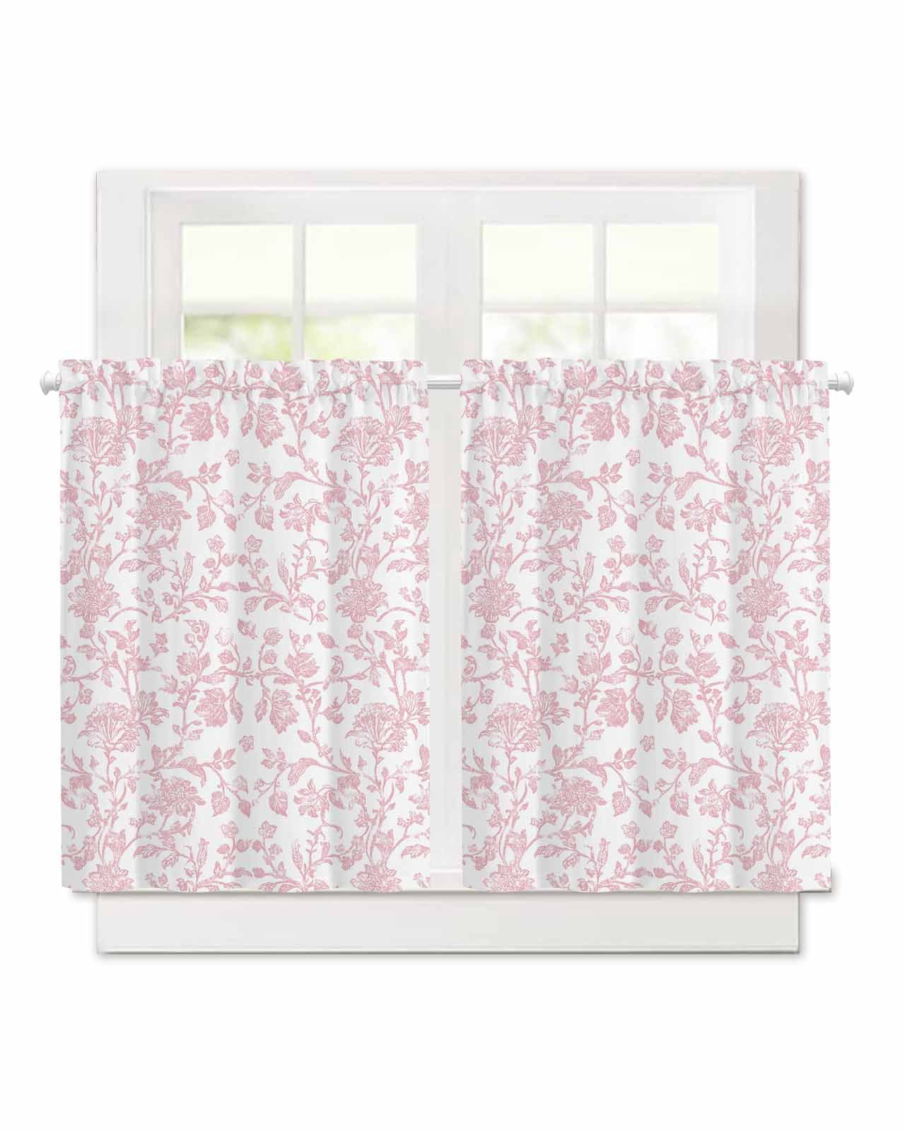 Light Pink Floral Paisley Short Blackout Curtains 45 Inch Long Boho Leaf Vintage Farmhouse Linen Rod Pocket Kitchen Curtains, 2 Panels Thermal Insulated Room Darkening Drapes for Bedroom, 30"W x 45"L