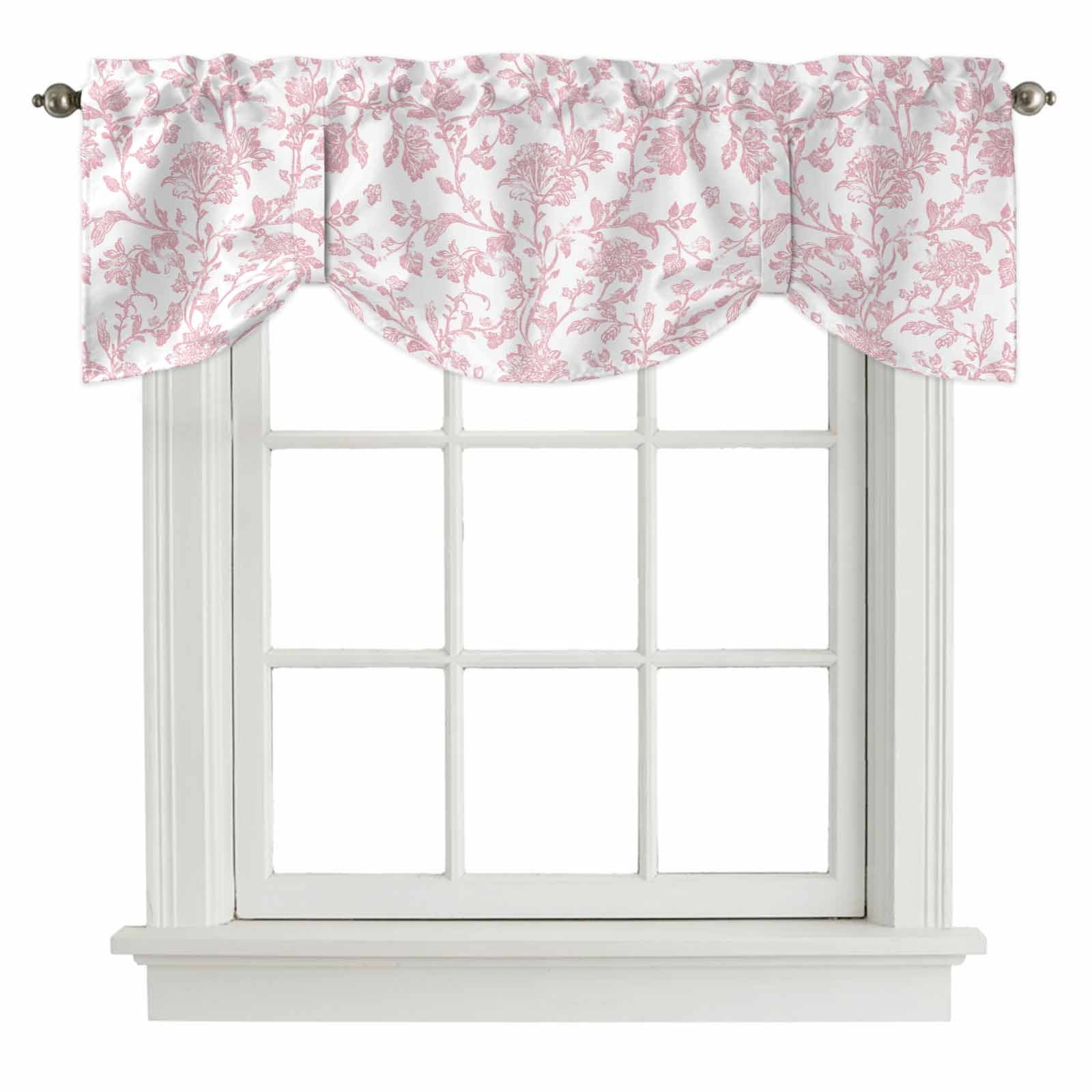 Light Pink Floral Paisley Tie Up Valances Curtain, Boho Leaf Vintage Farmhouse Linen Adjustable Rod Pocket Short Window Treatment Tie Up Curtains Valances for Kitchen Living Room 60x18 In