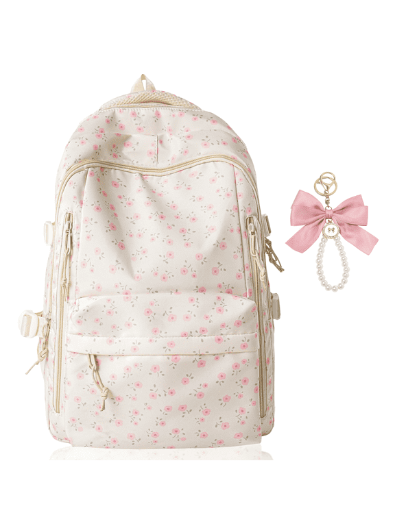Light Pink Floral-Themed Backpack with Removable Bow Charm - Cute and Practical Everyday Shoulder Bag