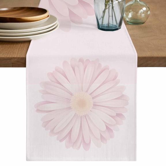 Light Pink Flower Table Runner, Chrysanthemum Floral Spring Plant Cotton Linen Kitchen Table Decoration Washable Dining Tabletop Runners for Home Party Decor 13x48 Inches