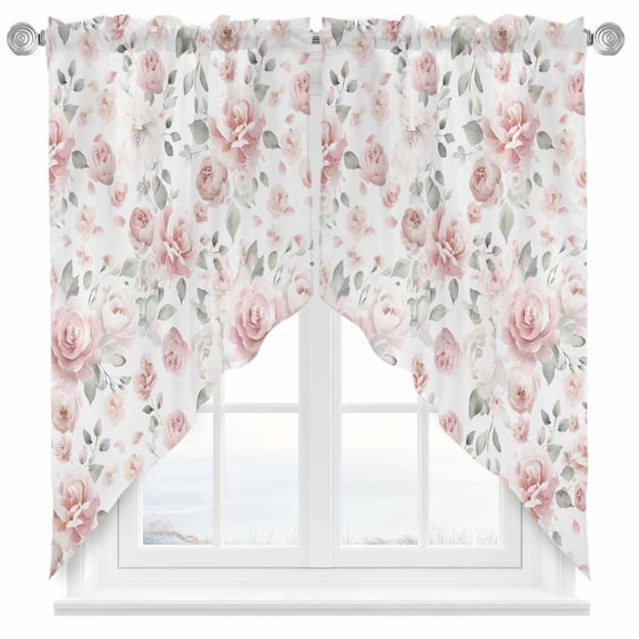 Light Pink Flowers Swag Kitchen Curtain Valances, Gray Leaf Spring Floral Farm Plant Rod Pocket Curtains Window Treatment Decor Valances for Bedroom Bathroom, 2 Panels 28 x 36 Inch