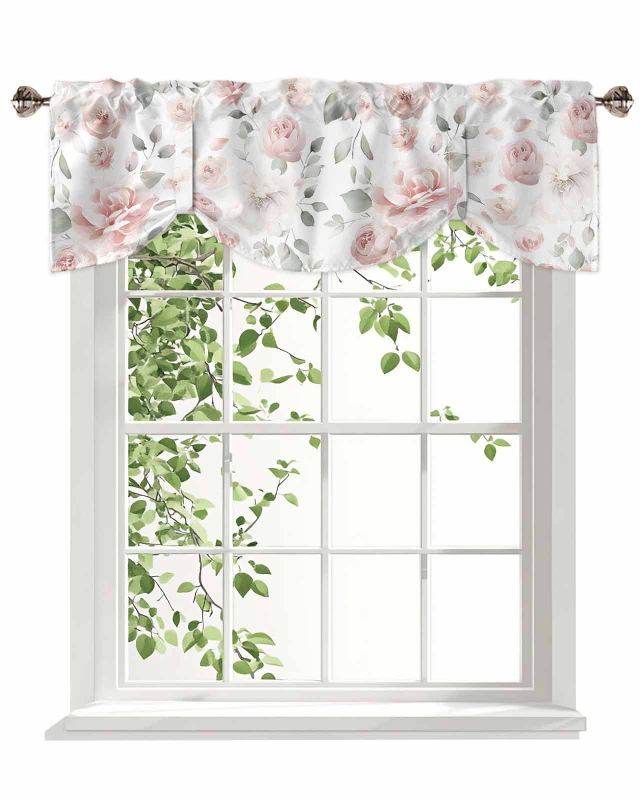 Light Pink Flowers Tie Up Valances Curtain, Adjustable Kitchen Gray Leaf Spring Floral Farm Plant Valances for Windows Decor, Rod Pocket Short Curtains Set for Bedroom/Bathroom, 54"x18"