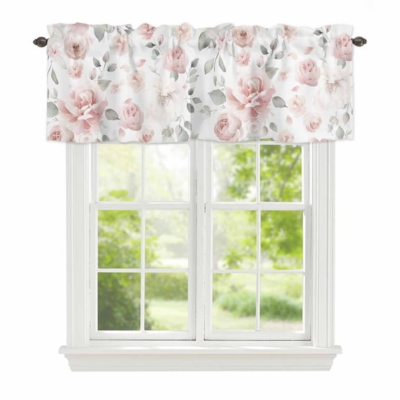 Light Pink Flowers Window Valance for Kitchen, Gray Leaf Spring Floral Farm Plant Rod Pocket Short Curtain for Small Windows, Light Filtering Decorative Valance, 60 x 14 Inch
