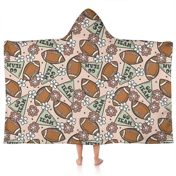 Light Pink Football and Flowers Pattern Hooded Bath Towel,50"x30" for Ages 3 To 12 Kids, Quick Dry Lightweight Soft Microfiber Hood Beach Towel Cover Up for Kids