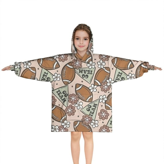 Light Pink Football and Flowers Pattern Blanket Hoodies for Kids 6-13YR Oversize Wearable Blanket Hoodies for Boys Girls Teens