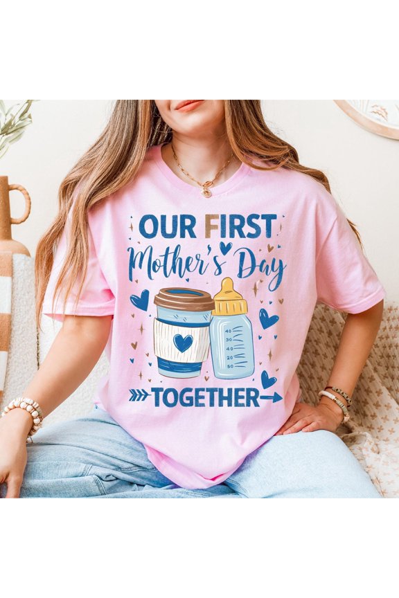 Light Pink Funny Sloth 1st Mother's Day Together Shirt - Comfort Colors Mom Tee with Coffee Cup and Bottle Design