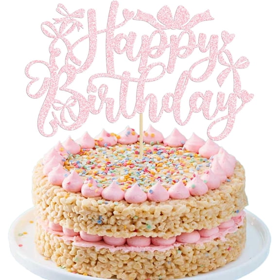 Light Pink Glitter Happy Birthday Cake Topper, Single Piece Bow Heart Design Premium Birthday Cake Decorations for Girls Women Party Favors